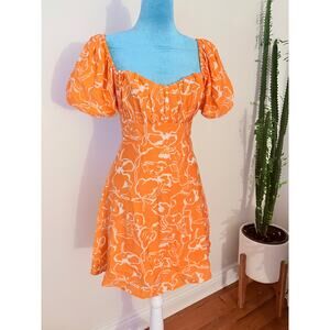 ASTR the Label Orange Floral Puff Sleeve Tie Front Mini Dress Cottagecore m